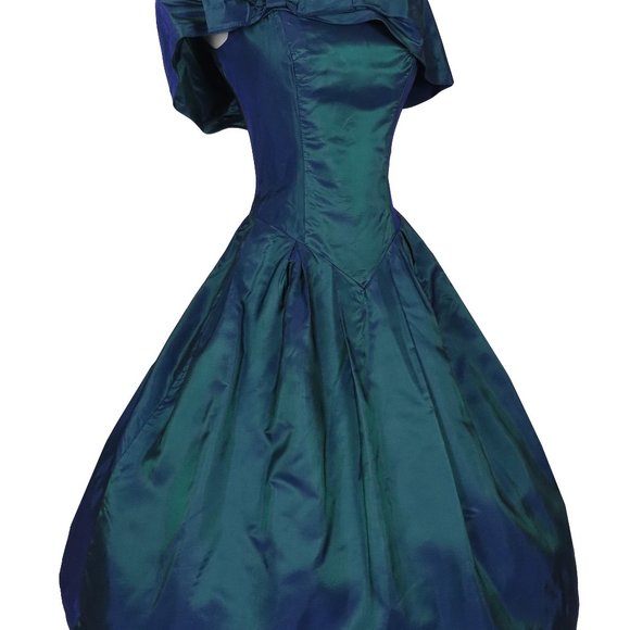 Vintage 80s 90s Dark Blue Green Taffeta Full Skirt Bow Prom Party Dress S Small - Picture 3 of 10